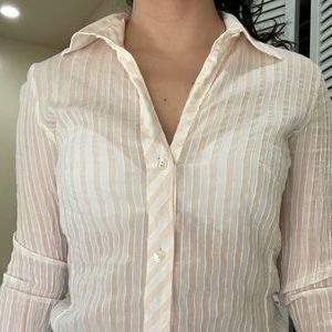 Banana republic women blouse top button up V neck shirt pink long sleeve